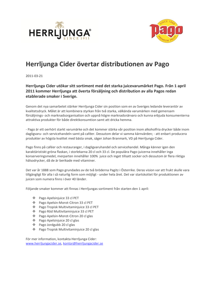 Herrljunga Cider övertar distributionen av Pago