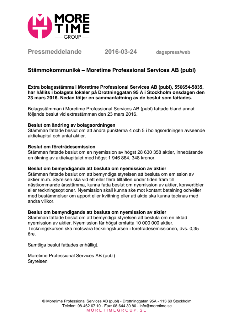Stämmokommuniké - Moretime Professional Services AB (publ)