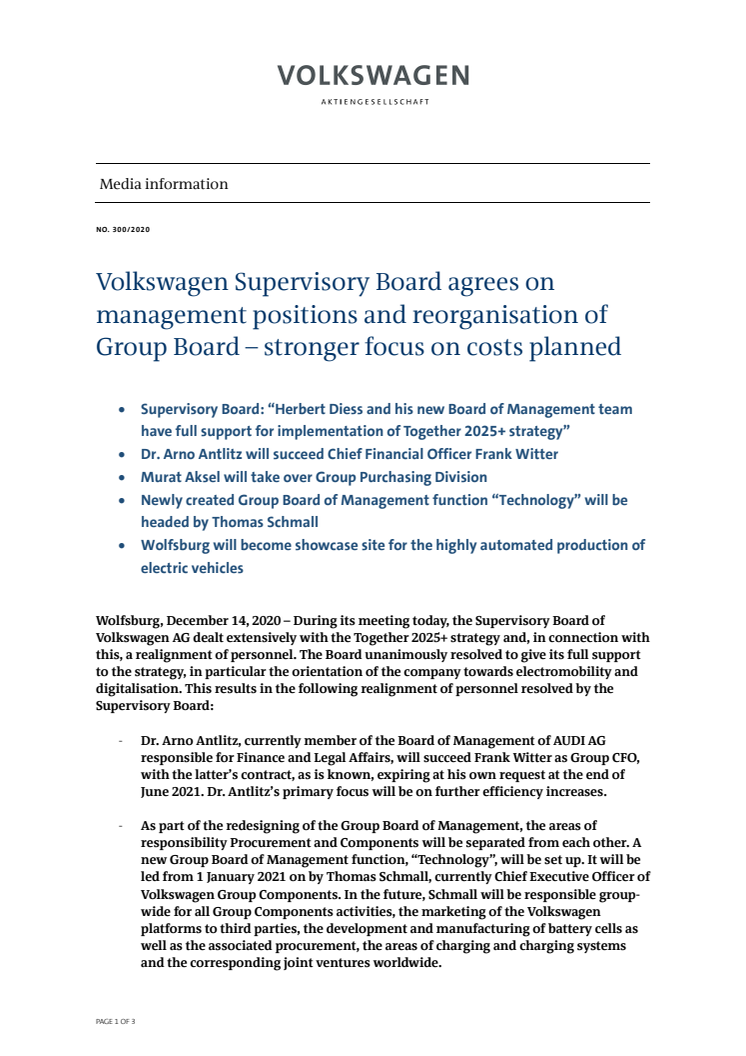 PM Volkswagen Supervisory Board agrees on management positions and reorganisation of Group Board - stronger focus on costs planned