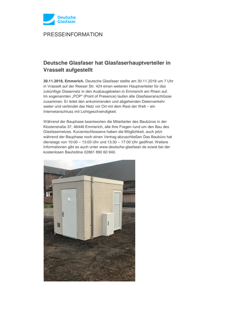 Deutsche Glasfaser hat Glasfaserhauptverteiler in Vrasselt aufgestellt