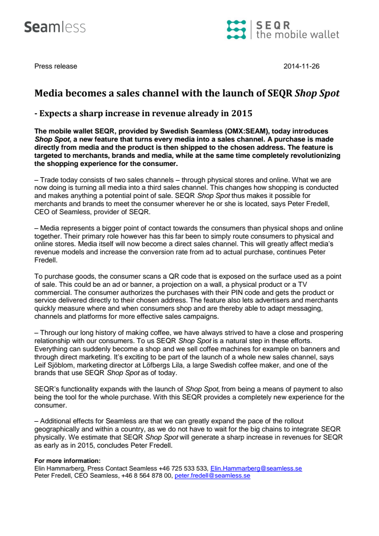 Media becomes a sales channel with the launch of SEQR Shop Spot