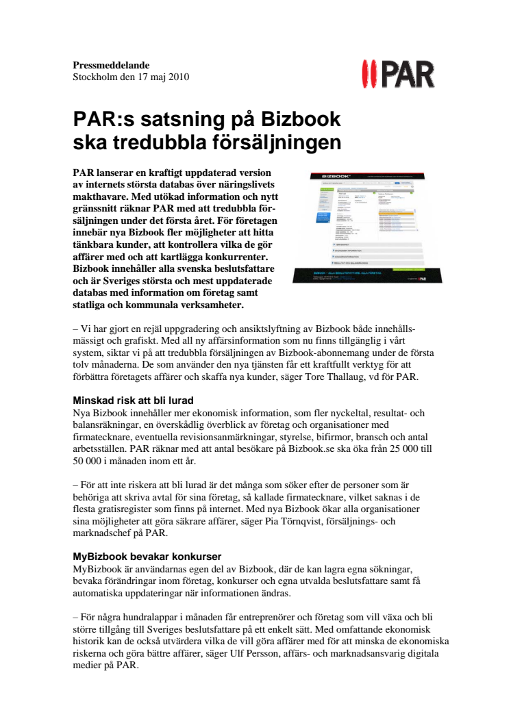 PAR:s satsning på Bizbook ska tredubbla försäljningen