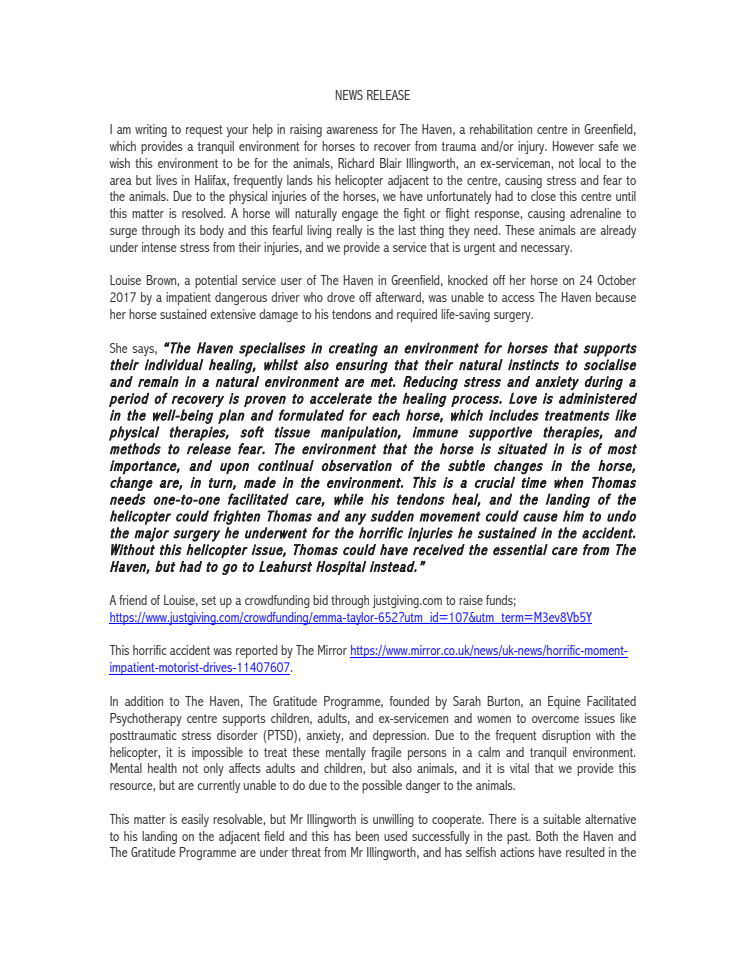 Actions of Halifax Based Richard Blair Illingworth Landing Helicopter Causes Distress For Animal Treatment Centre and Mental Health Centre for Ex Servicemen/Women