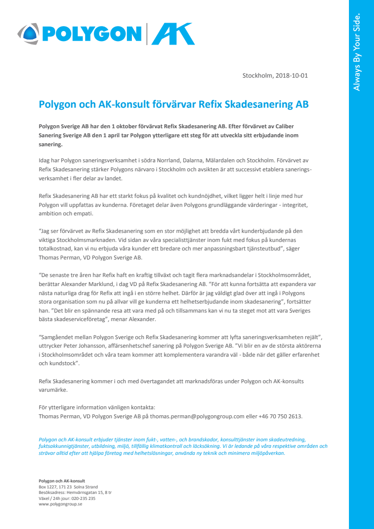 Polygon och AK-konsult förvärvar Refix Skadesanering AB i Stockholm