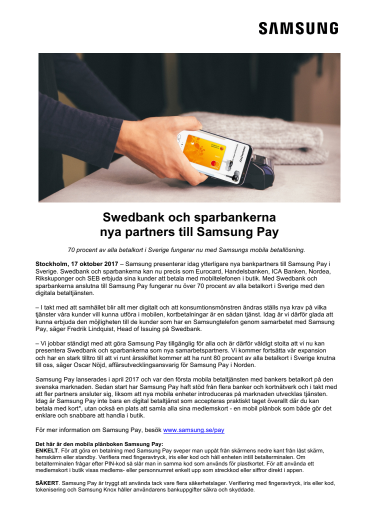 Swedbank och sparbankerna  nya partners till Samsung Pay