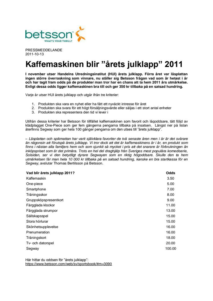 Kaffemaskinen blir ”årets julklapp” 2011