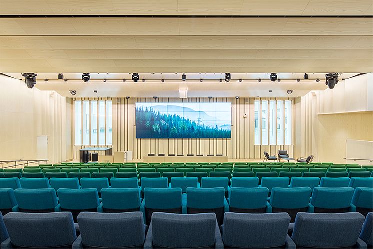 Auditorium beklätt i naturliga material