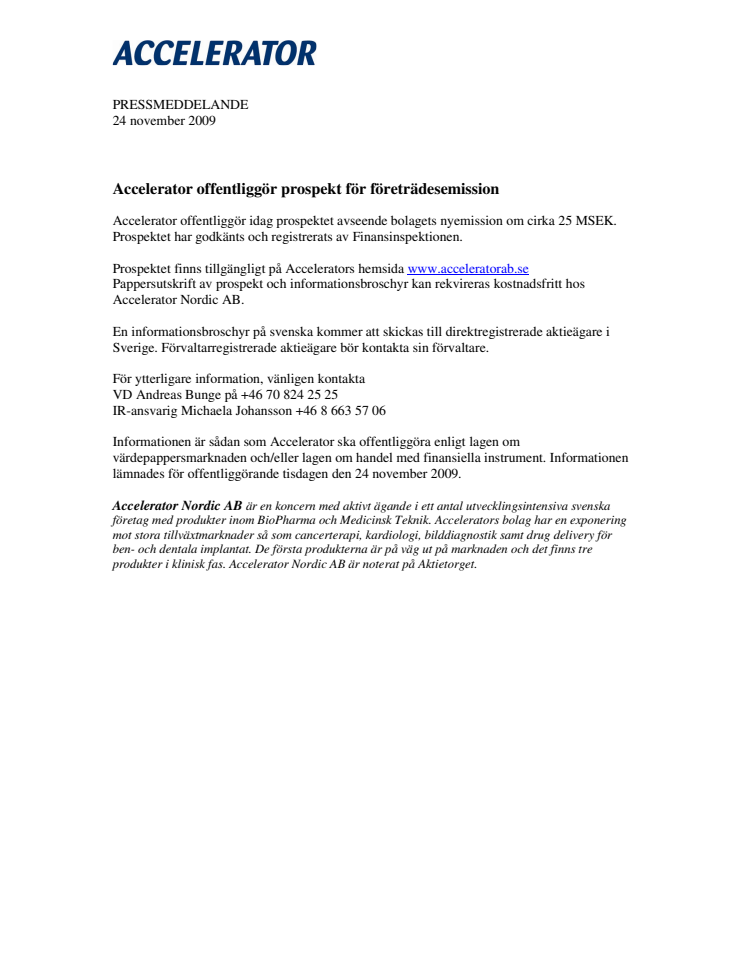 Accelerator offentliggör prospekt 