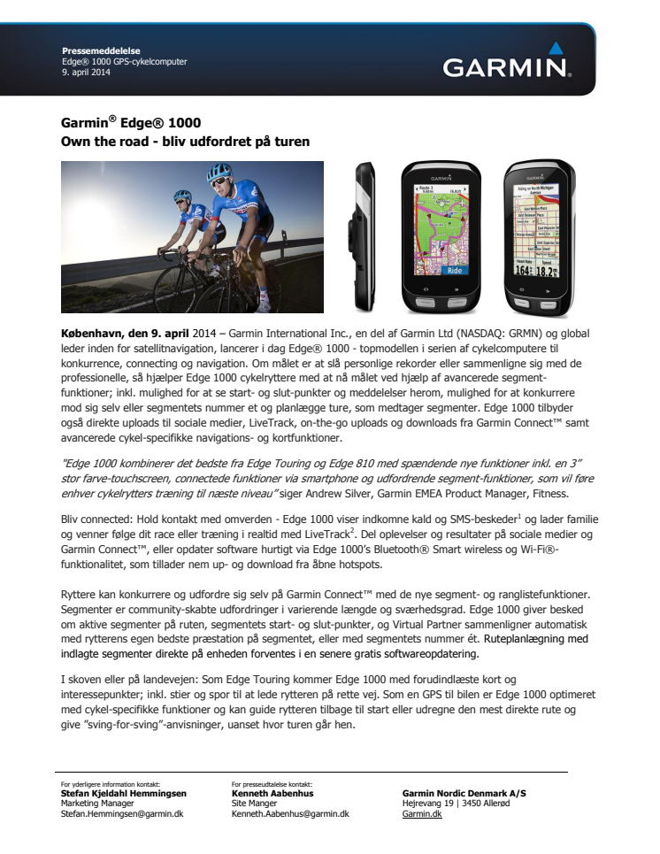 Edge 1000 - ny GPS-cykelcomputer fra Garmin 