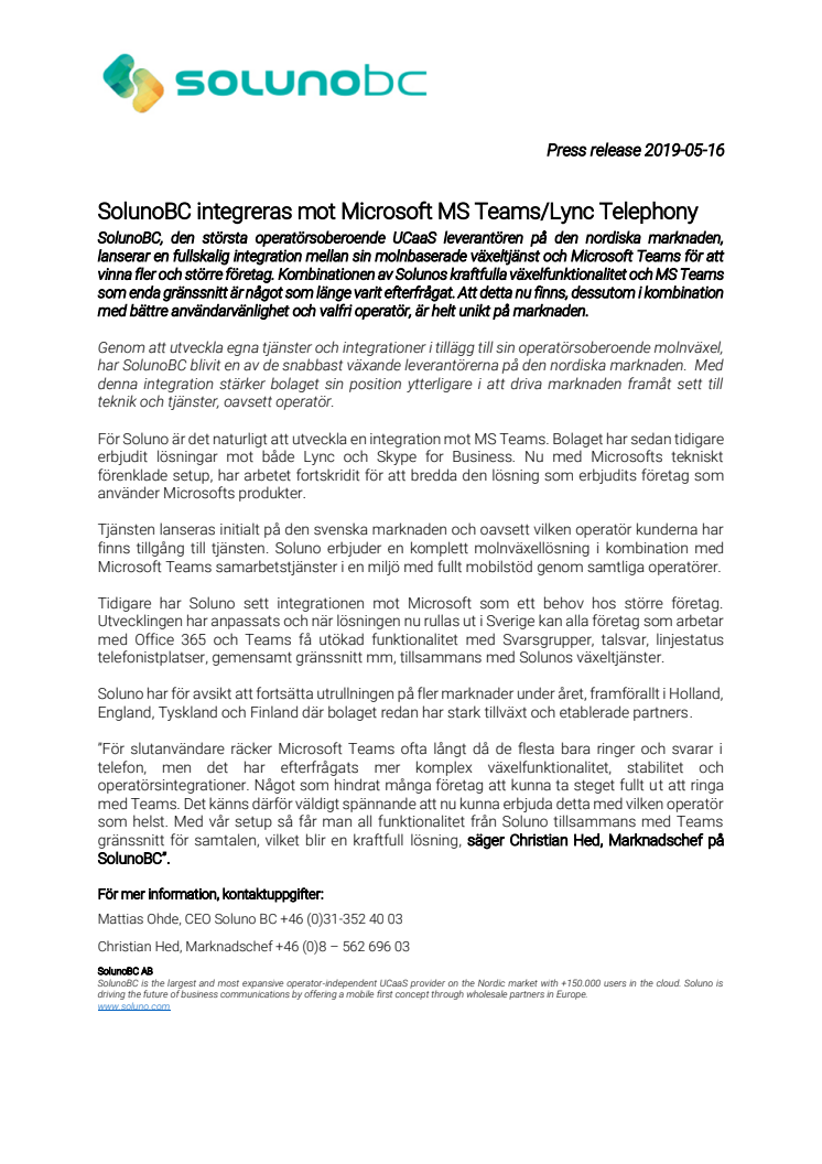 SolunoBC integreras mot Microsoft MS Teams/Lync Telephony