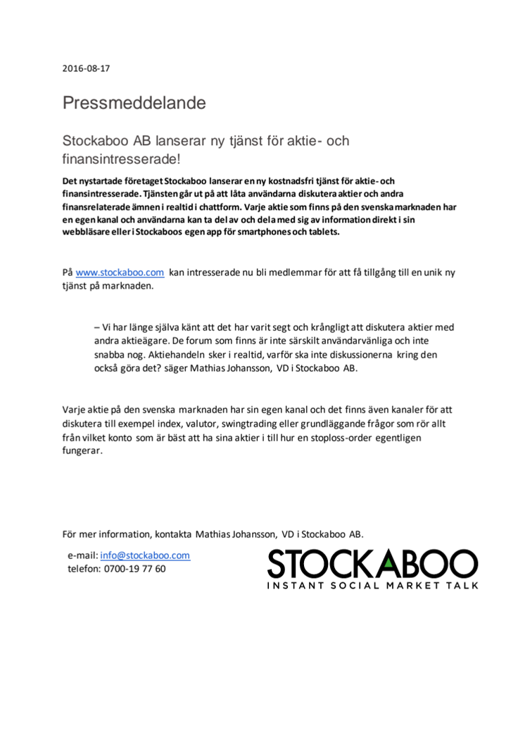 Stockaboo AB lanserar ny tjänst för aktie- och finansintresserade!