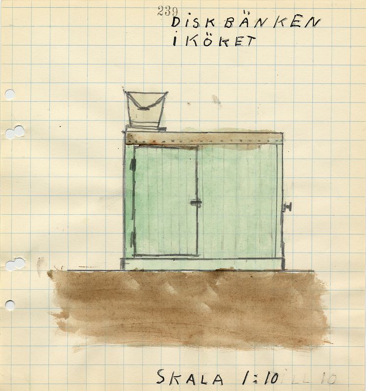 Diskbänk utan vattenkran, tecknad av Thomas, 12 år, från Närke 1942.