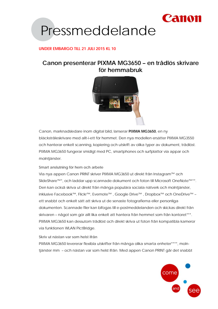 Canon presenterar PIXMA MG3650 – en trådlös skrivare för hemmabruk