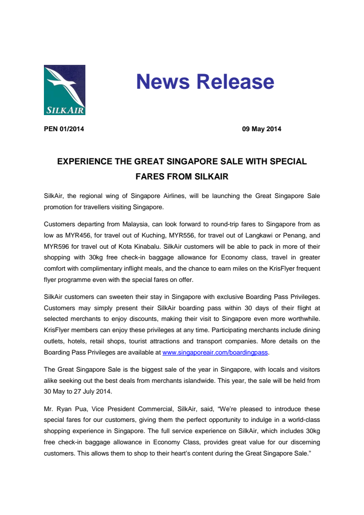 Experience The Great Singapore Sale With Special Fares From SilkAir