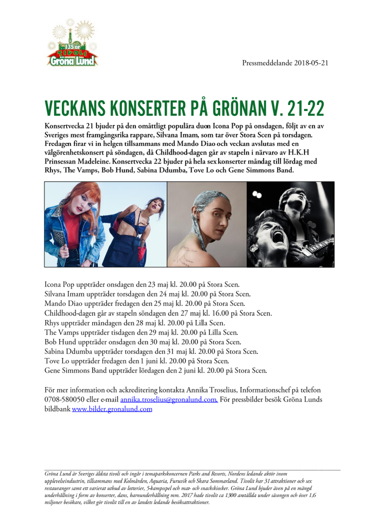 Veckans konserter på Grönan V. 21-22