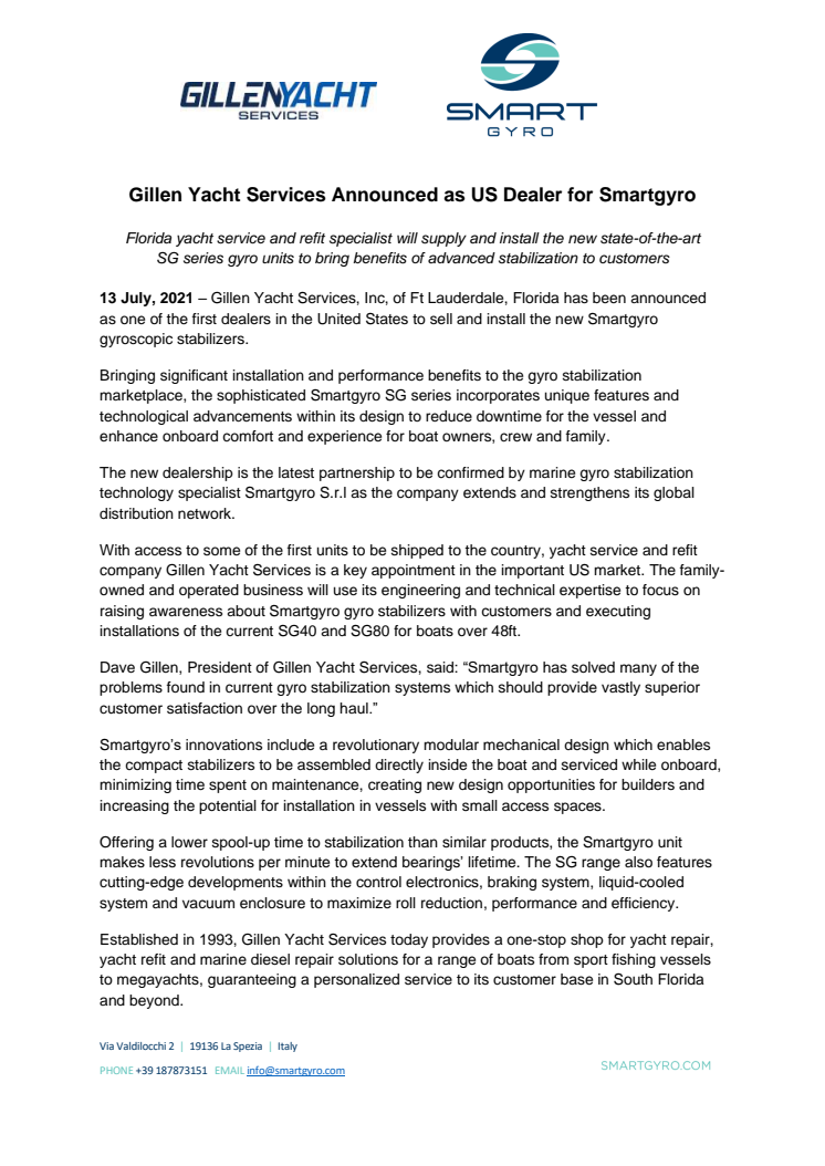Gillen Yacht Services Announced as US Dealer for Smartgyro