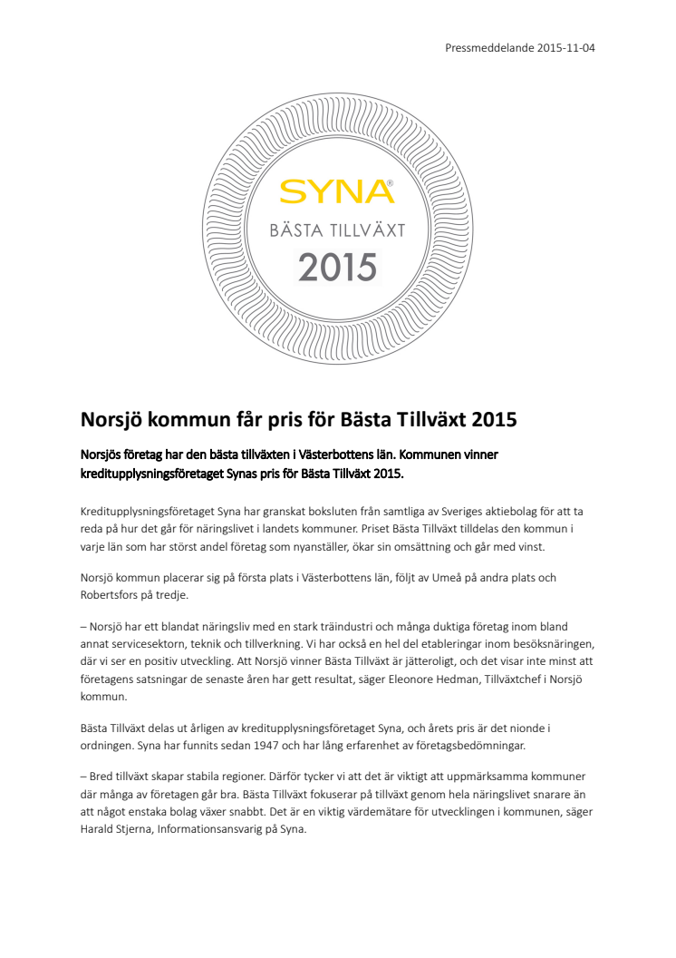 Norsjö kommun får pris för Bästa Tillväxt 2015