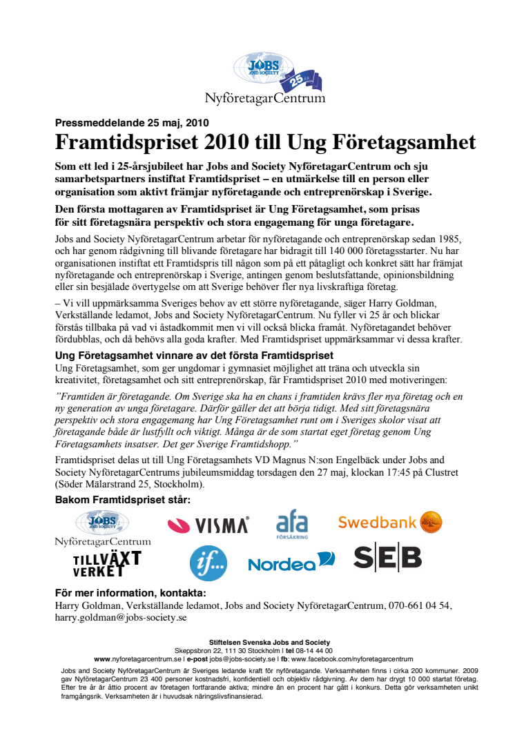 Framtidspriset 2010 till Ung Företagsamhet