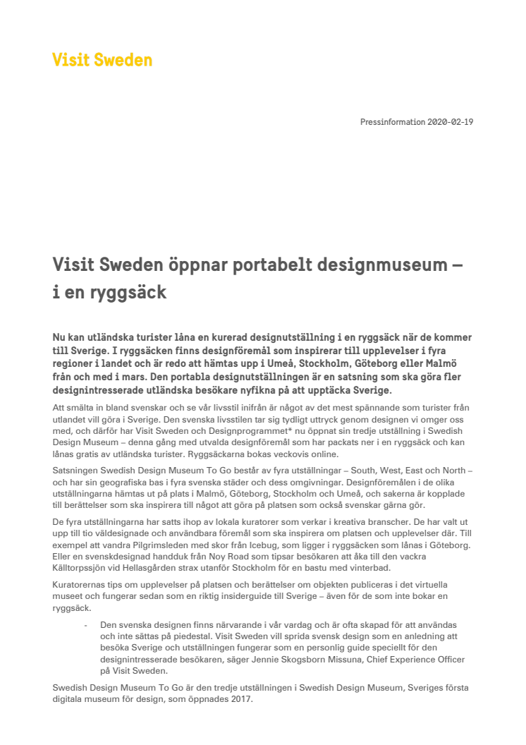 Visit Sweden öppnar portabelt designmuseum – i en ryggsäck 