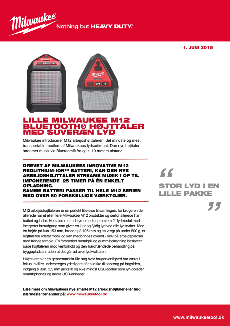 LILLE MILWAUKEE M12 BLUETOOTH® HØJTTALER MED SUVERÆN LYD