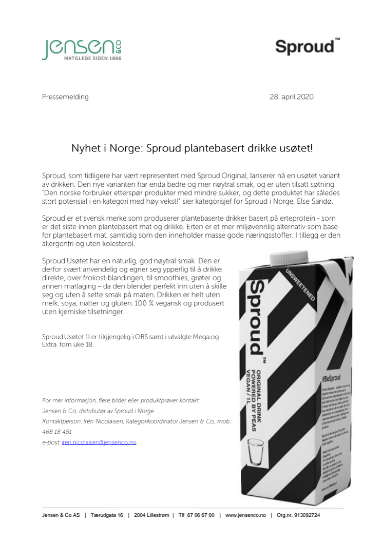 Nyhet i Norge: Sproud plantebasert drikke usøtet! 
