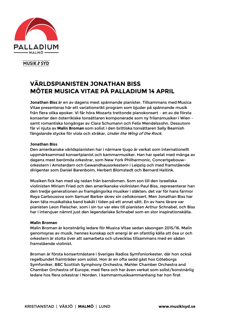 Världspianisten Jonathan Biss möter Musica Vitae på Palladium Malmö 14 april