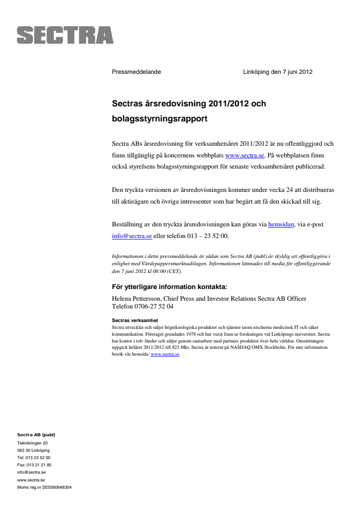 Sectras årsredovisning 2011/2012 och bolagsstyrningsrapport