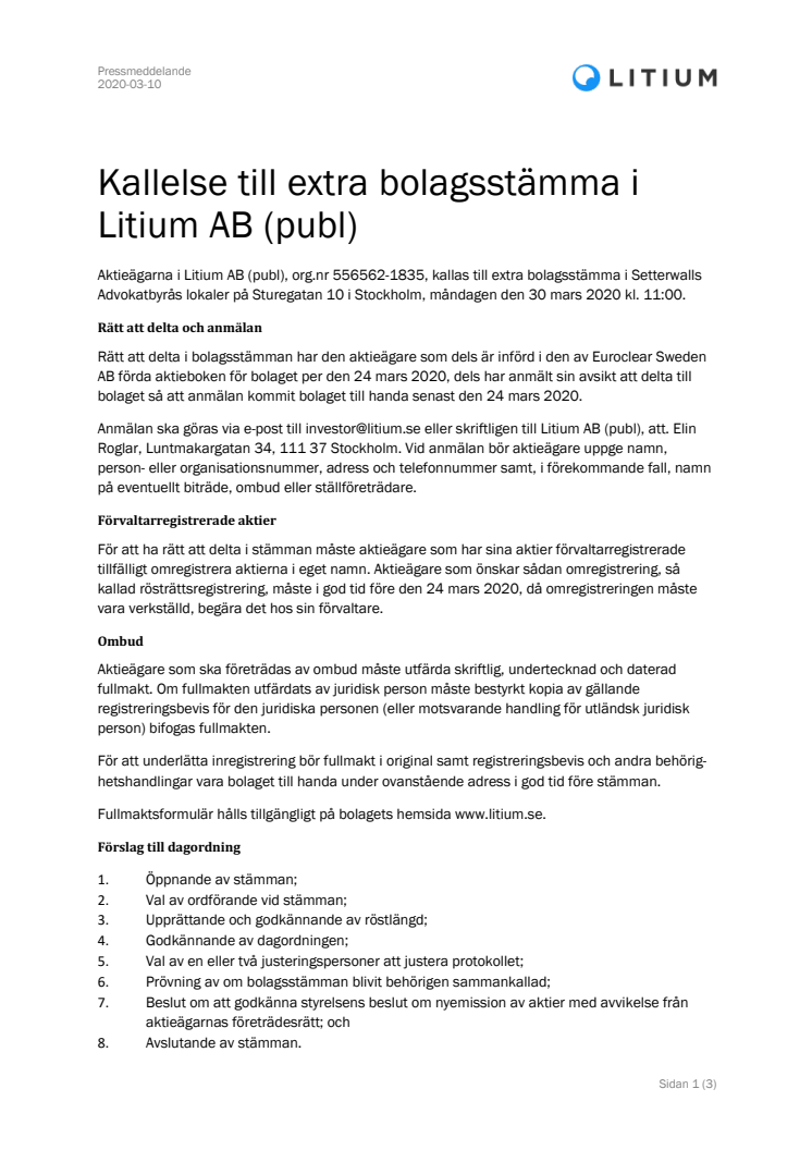Kallelse till extra bolagsstämma i Litium AB (publ)