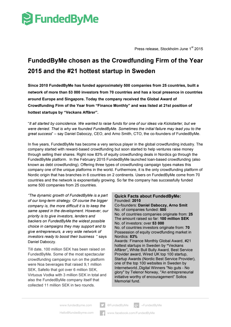 FundedByMe chosen as the Crowdfunding Firm of the Year 2015 and listed as one of the hottest startup in Sweden