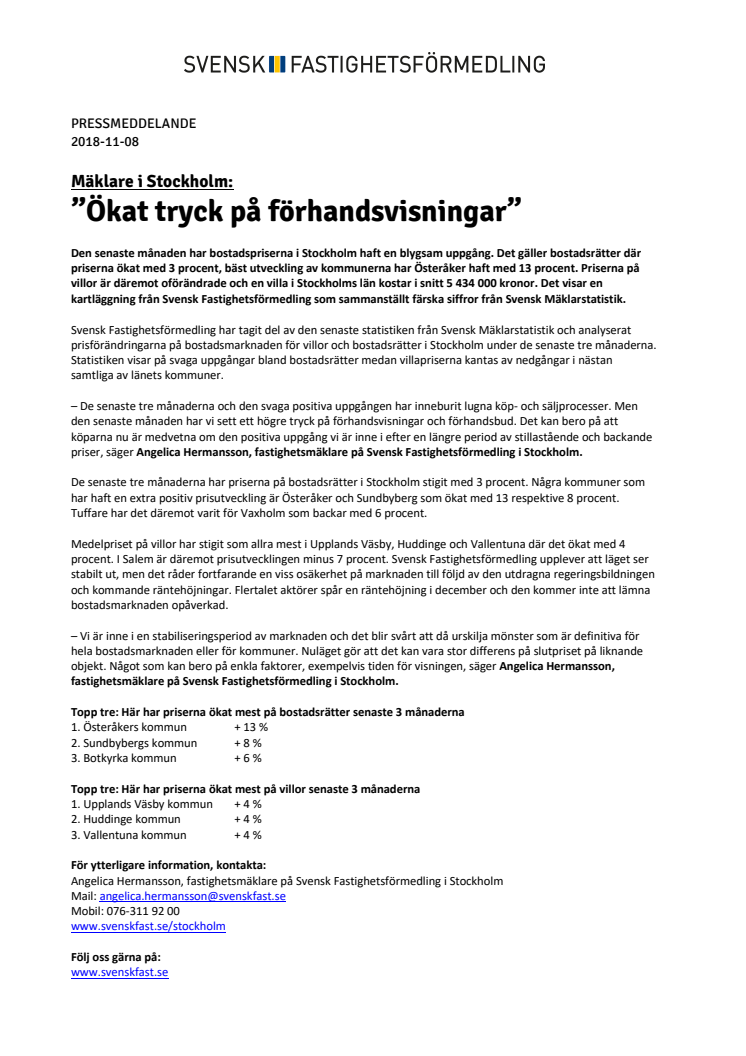 Mäklare i Stockholm: ”Ökat tryck på förhandsvisningar”