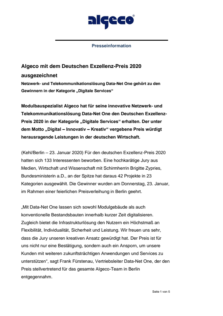 Algeco mit dem Deutschen Exzellenz-Preis 2020 ausgezeichnet