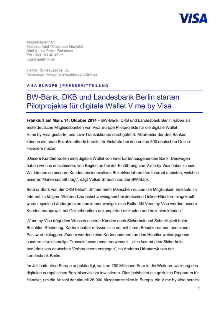BW-Bank, DKB und Landesbank Berlin starten Pilotprojekte für digitale Wallet V.me by Visa 