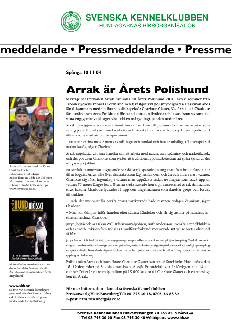 Arrak är Årets Polishund 2010