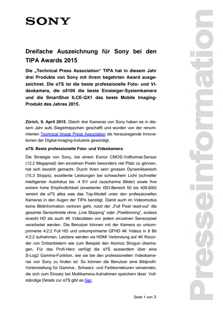 Dreifache Auszeichnung für Sony bei den  TIPA Awards 2015 