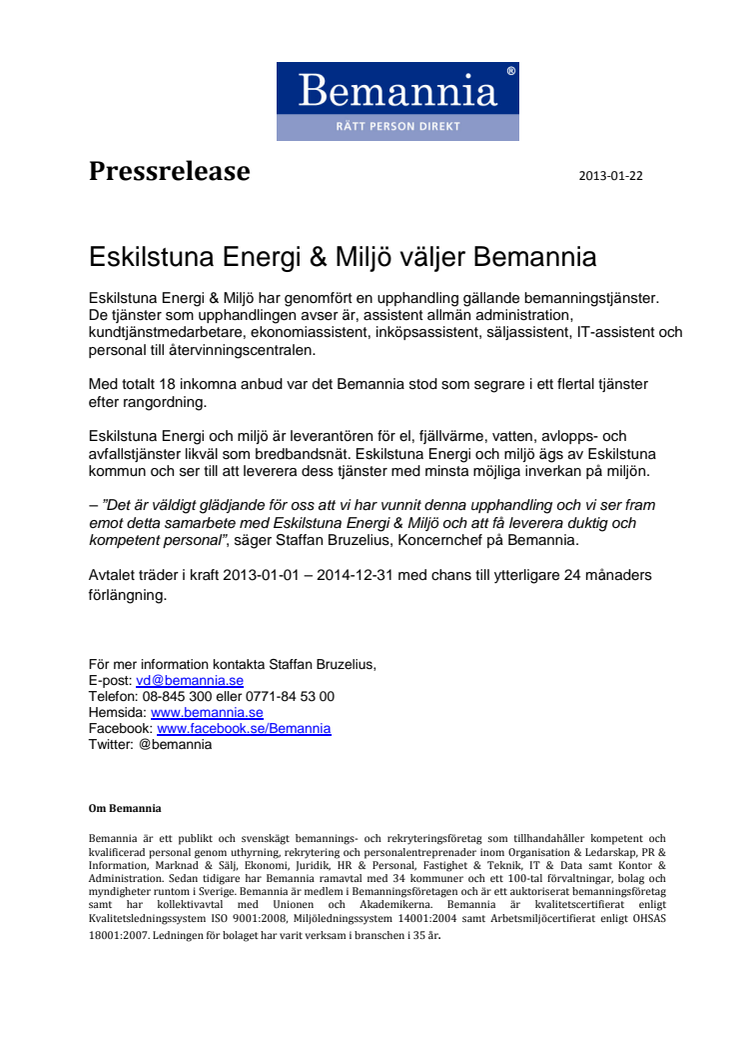 Eskilstuna Energi & Miljö väljer Bemannia