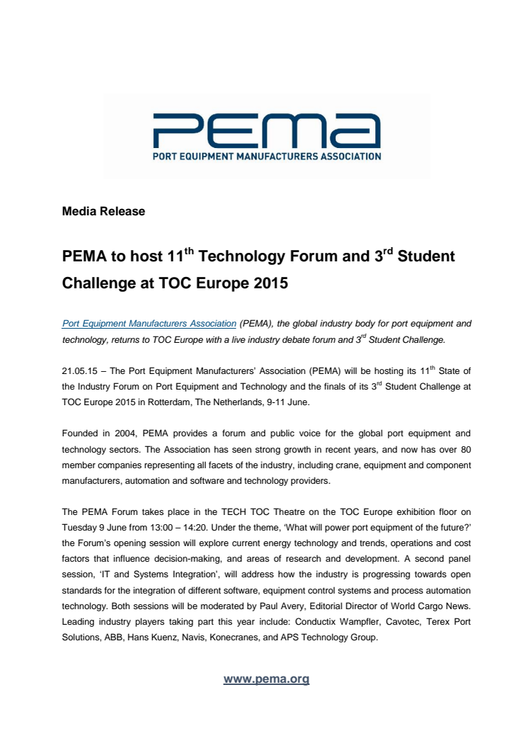PEMA to host 11th Technology Forum and 3rd Student Challenge at TOC Europe 2015