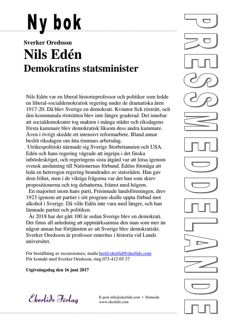 Ny bok: Nils Edén - demokratins statsminister av Sverker Oredsson