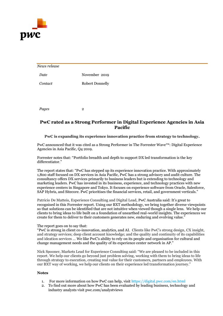 PwC rated as a Strong Performer in Digital Experience Agencies in Asia Pacific
