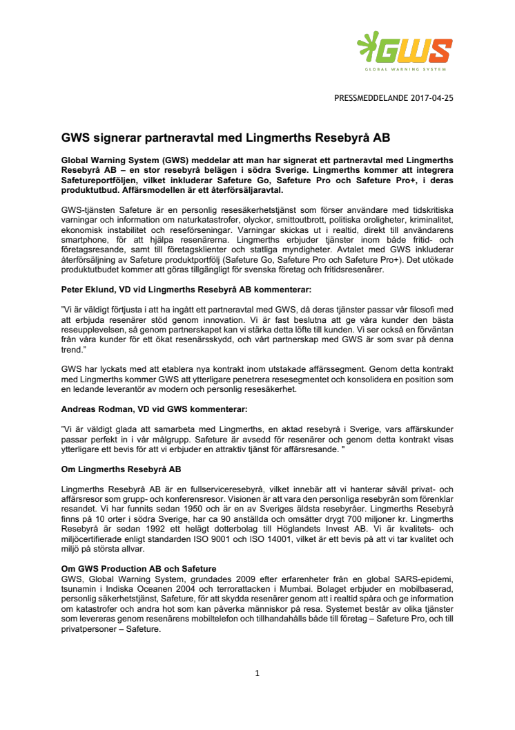 GWS signerar partneravtal med Lingmerths Resebyrå AB