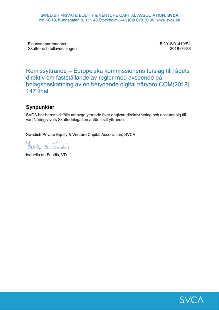 Europeiska kommissionens förslag till rådets direktiv om fastställande av regler med avseende på bolagsbeskattning av en betydande digital närvaro COM(2018) 147 final