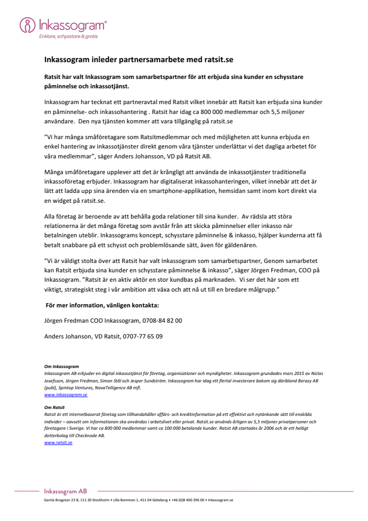 Inkassogram inleder partnersamarbete med ratsit.se 