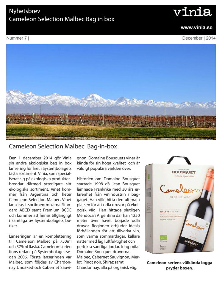 Nyhetsbrev Cameleon Selection Malbec Bag in Box