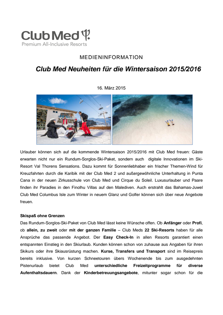 Club Med Neuheiten für die Wintersaison 2015/2016