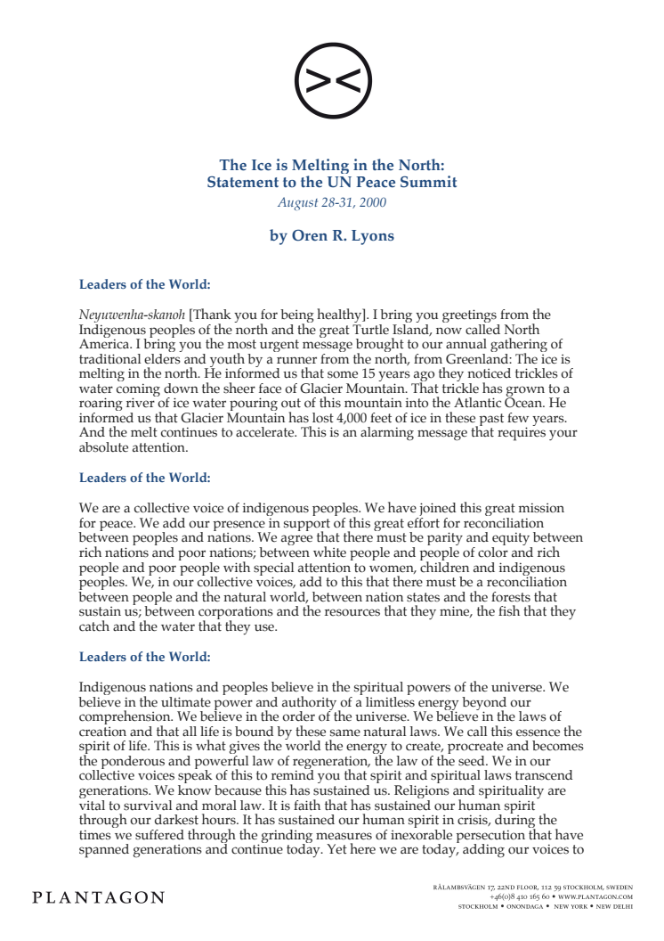 The Ice is Melting in the North: Statement to the UN Peace Summit, August 28-31, 2000, by Oren R. Lyons