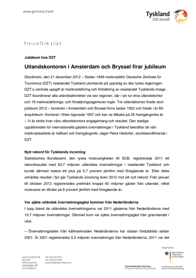 DZT:s utlandskontor i Amsterdam, Bryssel och Wien firar jubileum