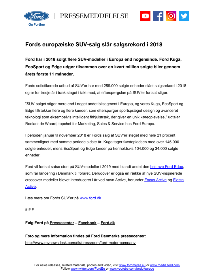 Fords europæiske SUV-salg slår salgsrekord i 2018