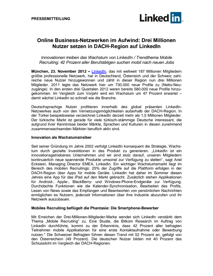 Online Business-Netzwerken im Aufwind: Drei Millionen Nutzer setzen in DACH-Region auf LinkedIn