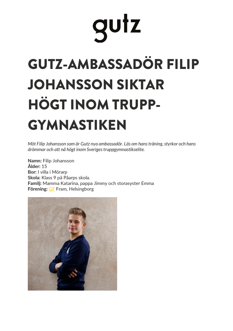 Gutz-ambassadör Filip Johansson siktar högt inom tryppgymnastiken