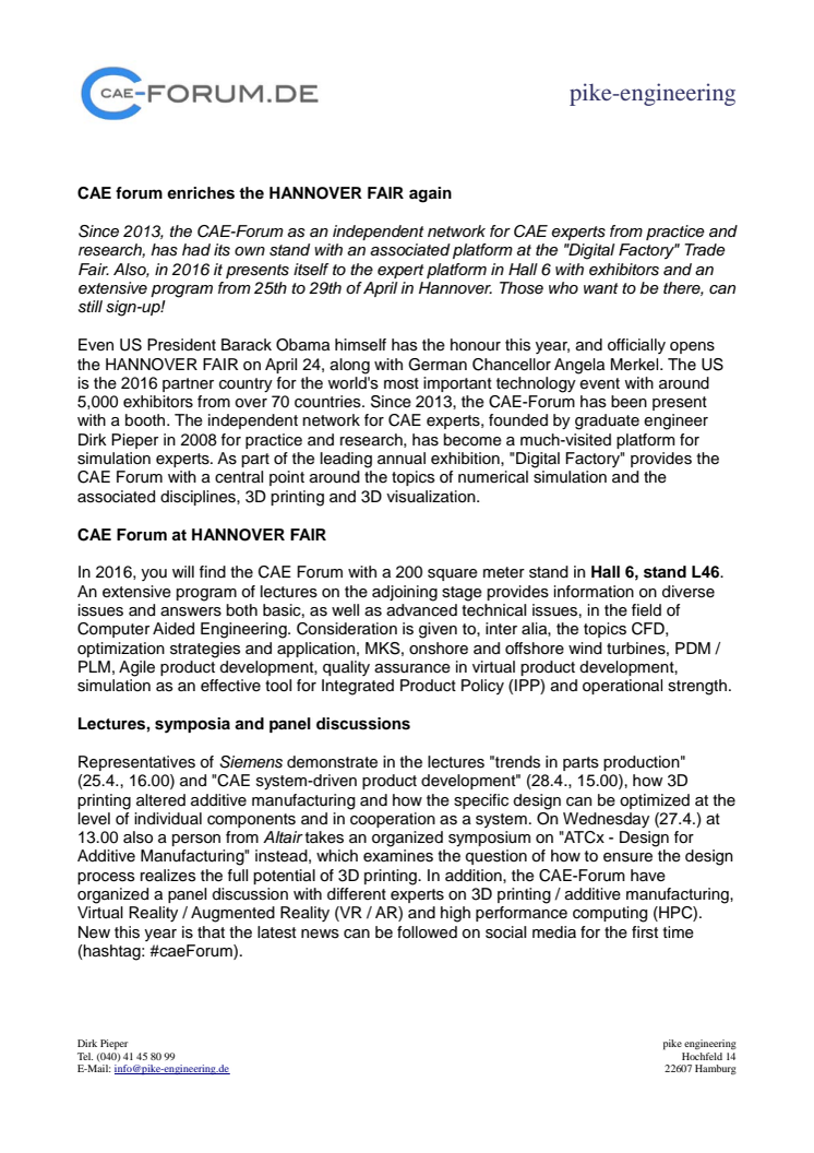CAE press release: CAE forum enriches the HANNOVER FAIR again