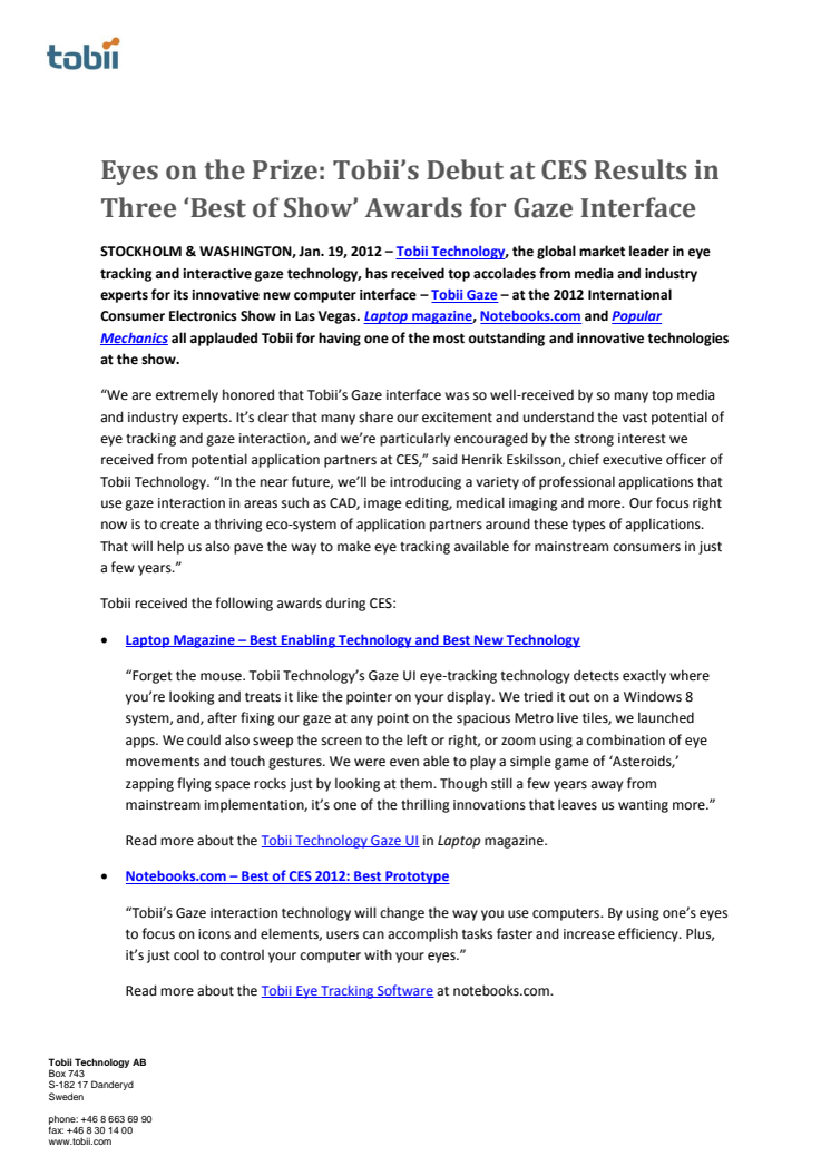 Eyes on the Prize: Tobii’s Debut at CES Results in Three ‘Best of Show’ Awards for Gaze Interface
